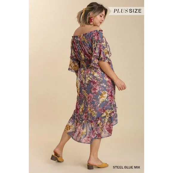 Umgee Plus Steel Blue Mix Sheer Floral Print Off Shoulder Ruffle Hem Midi Dress - Picture 3 of 4